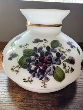 Vintage Hand Painted Milk Glass Hurricane Lamp Shade Globe Floral Gold Trim 7"